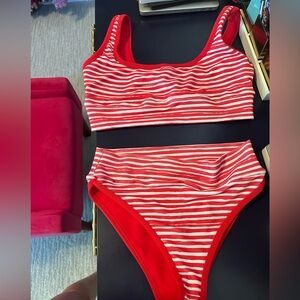 LainSnow red and white striped two piece. Both size M